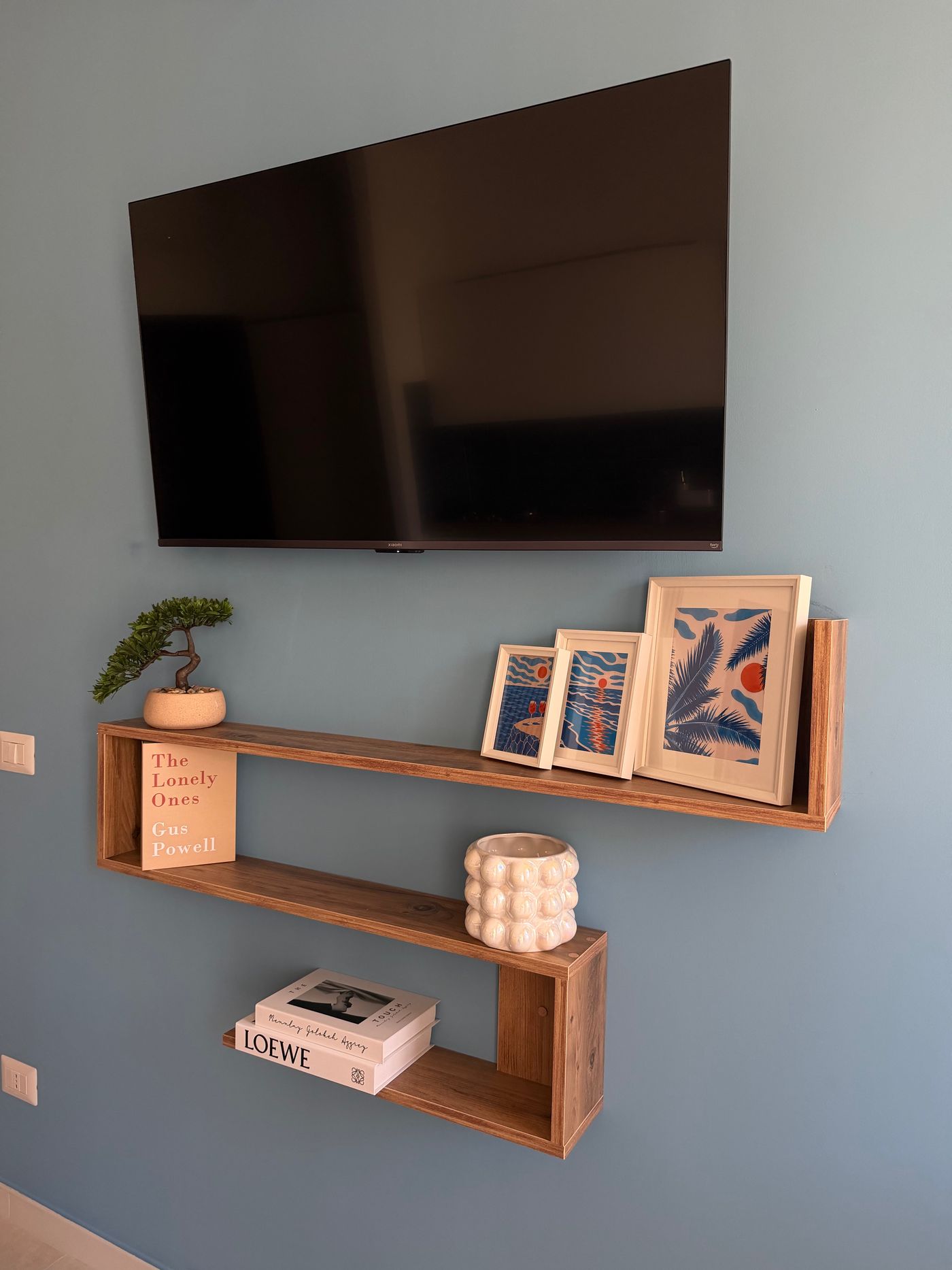 Mensole in legno con libri e quadretti sotto la Smart TV